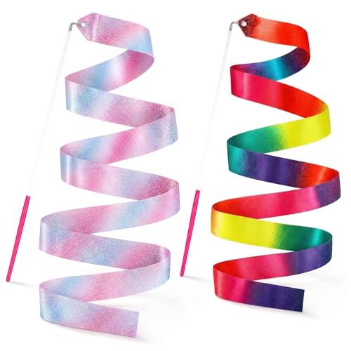 Image of YGEOMER 2Pcs Dance Ribbons for Kids, 1 Neon Rainbow Gradient & 1 Sparkling Pink & Blue Gymnastics Ribbon Wands, Ballet Party Favors for Girls, Birthday Performance Props