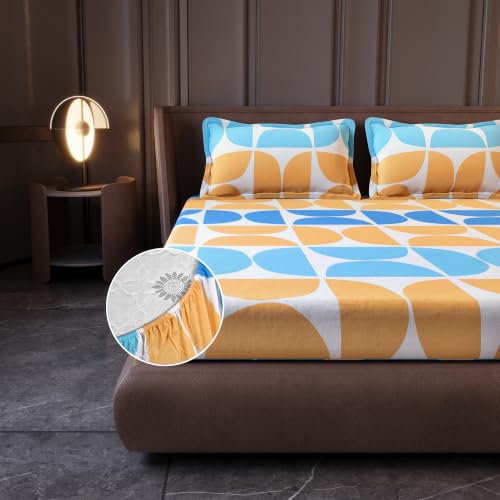 Image of Divine Casa King Size Fitted Bedsheet with 2 Pillow Covers (200 x 180 CM) | Cotton Twill Satin Retro Geometric Print | Beige & Blue Elastic Fitted Sheet for Mattress.