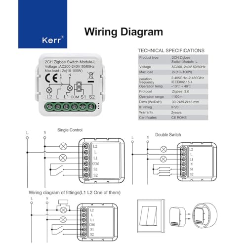 Image of Kerr Smart Switch Module (Mini-Series), Retrofit Smart Switch 10A, 230V AC, Supports Schedule, APP & Voice control, Compatible with Alexa and Google Home Assistant. (Wifi, 2CH)