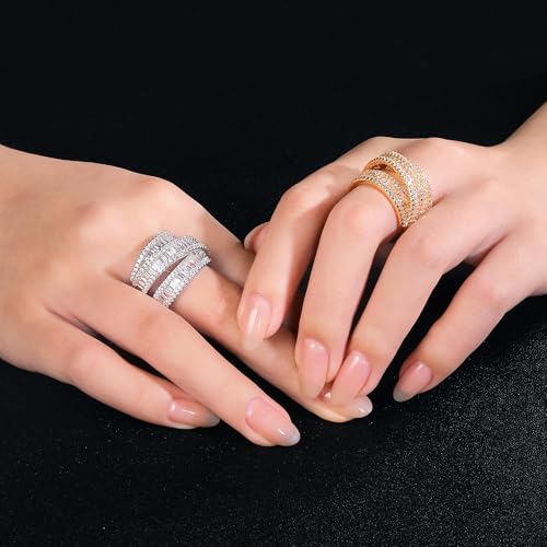 MDFUN 18K White Gold/Yellow Gold Plated Halo Wedding Eternity Ring for Women, 3 Rows Emerald Cut Cubic Zirconia Rings Statement Band Size 5-102