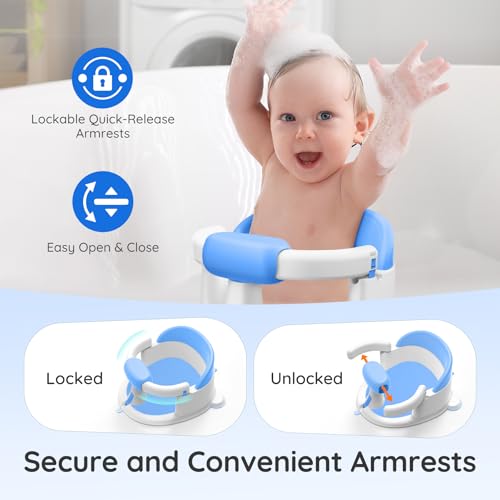 Image of Baby Bath Seat for Babies Sitting Up, Non-Slip Baby Bath Chair with Strong Suction Cups, Lockable Armrest & High Back 360 Safety Support, Ideal for Active Toddlers 6-24 Months, Gray
