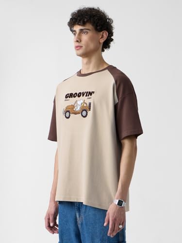 Image of The Souled Store Ottoman: Peanuts Groovin Men and Boys Short Sleeves Round Neck Brown Embroidered Cotton Oversized T-Shirts