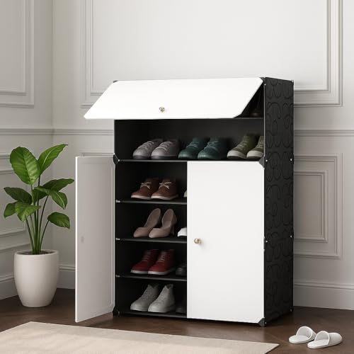 Image of Owme 3 Door Portable Shoe Rack Cabinet with Flip Door | Space Saving Multi Layer Shoe Organizer for Entryway Living Room | Multi Layer Storage for Sneakers, Heels & Boots - Black