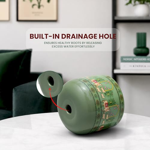 Image of Urban Plant Green Mahal 3D Handcrafted Terracotta Planter | Hand Painted Indian Art | Indoor Clay Pot for Living Room | Artisan Decorative Flower Pot | Drainage Hole | 4.5 Inch