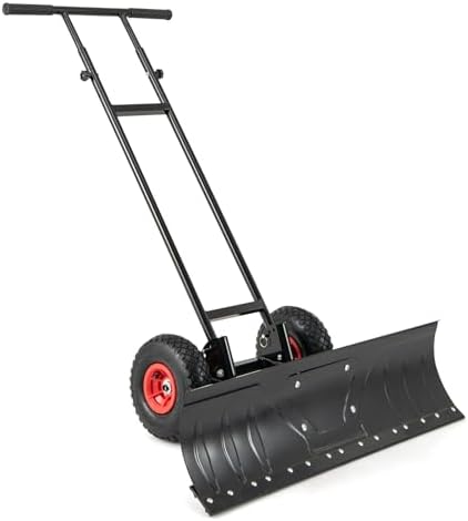 Goplus Snow Shovel for Driveway, 92cm Heavy-Duty Snow Plow w/ 7-Position Angled Blade, Height Adjustable Handle & Rubber Wheels for Efficient Snow Removal, Back Saver Snow Pusher for Doorway Sidewalk