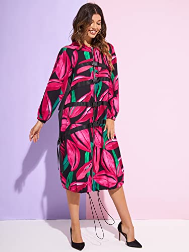 Oshho Jackets For Women - Allover Floral Print Contrast Tape Buckled Detail Bishop Sleeve Hooded Coat (Color : Multicolor, Size : Small) #TOP5