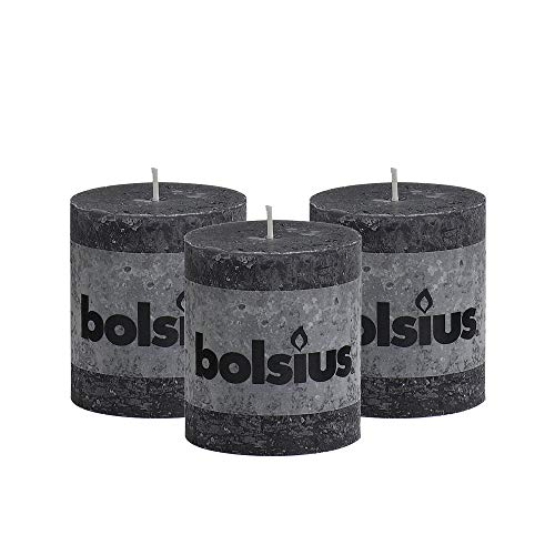 Bolsius Rustic Anthracite (Black) Unscented Pillar Candles - 2.75" X 3.25" Decoration Candles Set Of 3 - Clean Burning Dinner Candles For Wedding & Home Decor Party Restaurant Spa- Aprox (80X68M) #TOP12