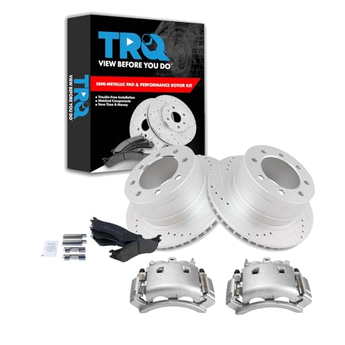 Image of TRQ Rear Performance Brake Pad, Caliper, & Rotor Kit Semi-Metallic Vented Premium G-Coated Compatible with 2003-2008 Dodge Ram 3500