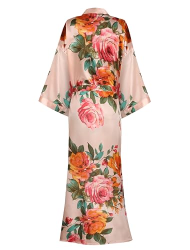 Image of Women Silk Kimono Robe Long Floral Bridesmaids Robes Satin | Wedding Party Bridal Getting Ready Robe Lightweight Dressing Gown Loungewear Sleepwear
