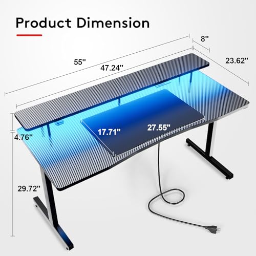 COMHOMA 55 Inch Gaming Desk with USB Charging Ports and LED Lights, Computer Desk with Monitor Stand for Home Office, Modern Gamer Desk Table with Mouse Pad & Side Hook, Colorful - Image 4