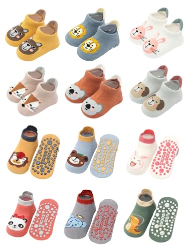 Toddler Baby Non-Skid Ankle Socks with Grips Girls Boys Anti-Slip Floor Socks for Infants 12 Pairs