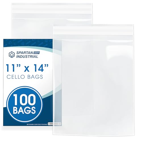 11" X 14" Self-Sealing Cellophane Bags (100 Count) Clear Poly Packaging for Clothing, Prints, Photos, Documents - Reinforced Resealable Cello Bags for Small Business Shipping - Spartan Industrial