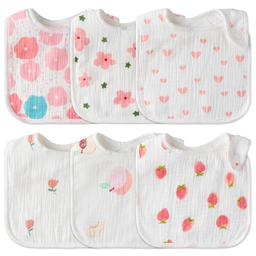 Image of Zainpe 6Pcs Snap Muslin Cotton Baby Bibs Flowers Strawberry Patterns Infants Drooling Bib Soft Absorbent Adjustable Feeding Burp Cloths for Newborns Boy Girl Toddlers Teething Eating 0 to 36 Months