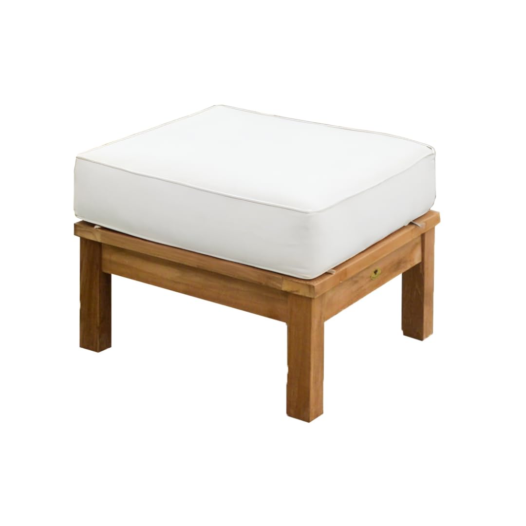 Alveare Home Alcove Outdoor Ottoman – Grade-A Teak Frame with All-Weather Sunproof Cushion, Stainless Steel Hardware, Classic Patio Seating or Footrest, White