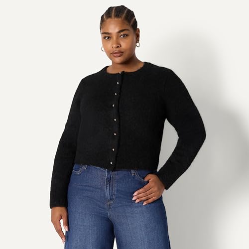 Amazon Essentials Women's Regular-Fit Faux Mohair Wool Blend Sweater Cardigan with Gold Buttons, High Round Neckline, Black, Small - image 6