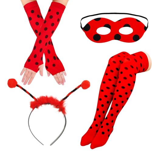 4Pcs Marienkäfer Kostüm Damen Set Marienkäfer Haarreif Marienkäfer Strümpfe Overknees Marienkäfer Handschuhe Fingerlose Marienkäfer Filzmaske...
