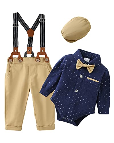 Image of ZOEREA Baby Boy Suit 0-24M Gentleman Outfit Clothes Set Infant Long Sleeve Dress Shirt+Suspender Pants+Bowtie+Beret Hat