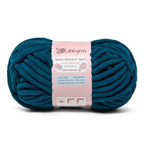 Image of 3.5 oz /49.2 yds Chunky Chenille Yarn for Crocheting, #7 Super Bulky Baby Blanket Yarn for Crocheting Soft, Fluffy Velvet Yarn for Knitting, Amigurumi Crochet Yarn for Crafts (Denim Blue)