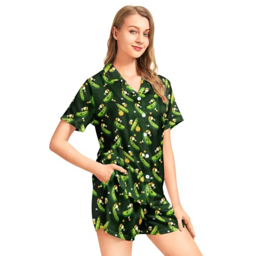 Image of Funny Satin Pajamas Set for Women Button Down Sleepwear Print Pjs Set 2 Piece Short Sleeve Loungewear Gift for Women