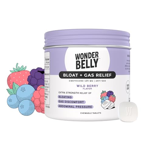 Wonderbelly Bloat Gas Relief Extra Strength Chewable Tablets with 125 mg Simethicone No Talc or Dye Wild Berry 35 Count