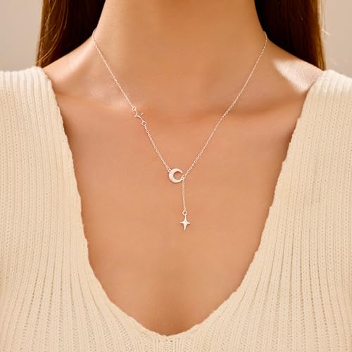 Dainty Crescent Moon Star Necklace for Women 925 Sterling Silver Y Shape Drop Lariat Necklace Trendy Pendant Choker Necklace Back to School Jewelry Birthday Christmas Gifts3