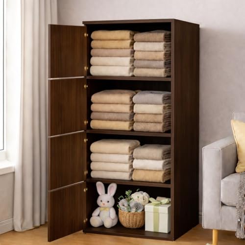 Image of 4-Door Morden Wooden Collapsible Wardrobe for Storage /Space Saving Wooden Wardrobe with Doors /Collpsible Storage Organiser /Living Room - (Walnut, 4 Layer)