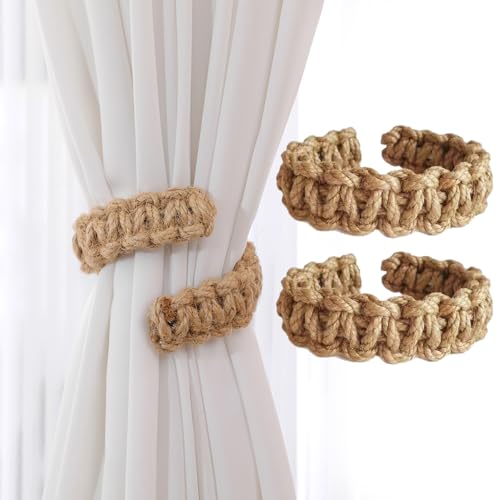 2 Pièces Embrasses de Rideaux Tissés Boho, Attaches à Main pour Rideaux Décoratifs, Bracelets de Porte pour Salon et Chambre, Attache Rideaux (Marron)