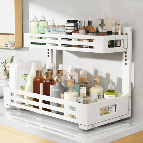 Image of 2 Pack 21IN-Depth Under Sink Organizer,Pull Out Cabinet Organizer With Smooth Cylindrical Rail,Metal Slide Out Drawer for Kitchen Bathroom Laundry,8-Level Tool Free Height Adjustable-White