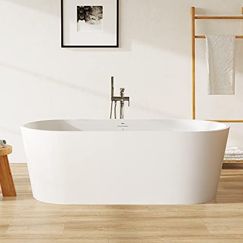 FerdY Shangri-La 67"x32" Freestanding Acrylic Soaking Oval Bathtub with Brushed Nickel Drain & Integrated Slotted Overflow, Glossy White