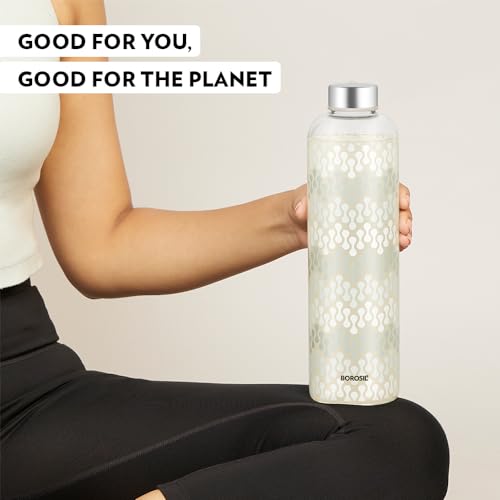 Image of Borosil 1L Artisan Water Bottle Set with Steel Lid | Borosilicate Glass Narrow Mouth Bottle for Fridge | Extreme Temperature Resistant For Hot & Cold Water, Milk, Lassi, Juice (Pack of 2, Vista)