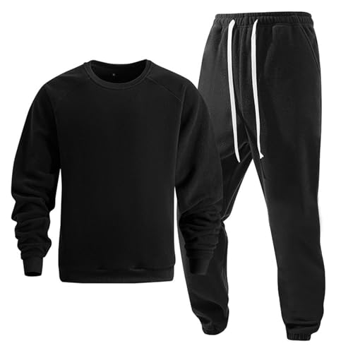 Mens Winter Fleece 2 Piece Sets Crewneck Long Sleeve Sweatshirt and Elastic Waist Pants Casual Solid Sweatsuits Outfit