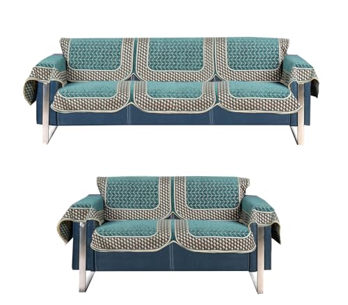 Image of Premium Chenille Woven Anti-Slip 3 Seater + 2 Seater Sofa Cover with Arm Rest | L-Shape Sofa Seat Protector for Living Room | Durable & Stylish Slipcover - Turquoise - 3D
