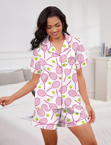 Image of SHESHOW Pajamas for Women Set Satin Button Down Short Sleeve Top and Shorts Pjs Sets Sport Ball Print Sleepwear XS-XXL