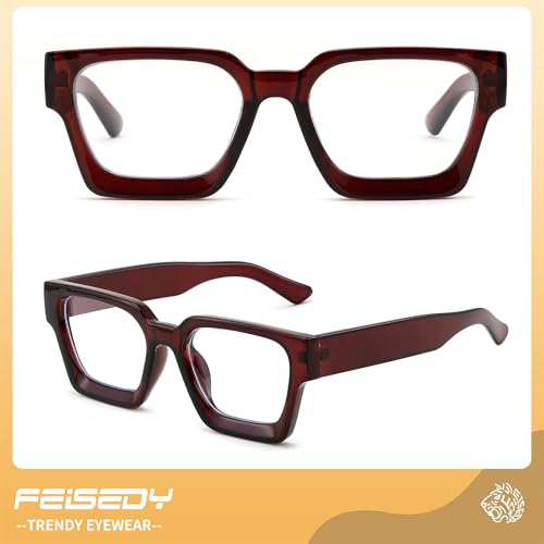 Image of FEISEDY Retro Blue Light Blocking Glasses for Women Men 90s Classic Rectangle Frame Thick Chic Computer Eyeglasses B2383R