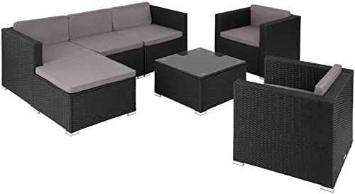 Salon Jardin 7 Places Poly Rotin TecTake - 6 Fauteuils + 1 Pouf + Table - Modulable