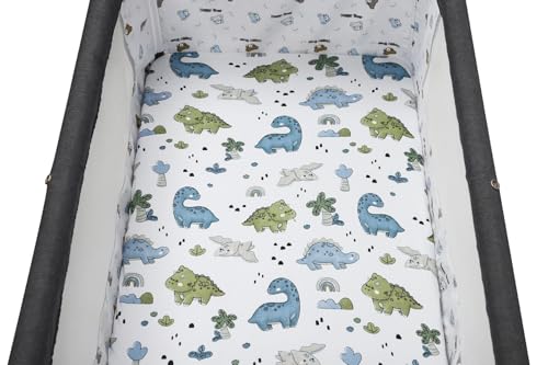 Image of Stretchy Fitted Crib Sheets Set 2 Pack Portable Crib Mattress Topper for Baby Girl Boy,Ultra Soft Jersey Material, Light Blue & Dinosaur