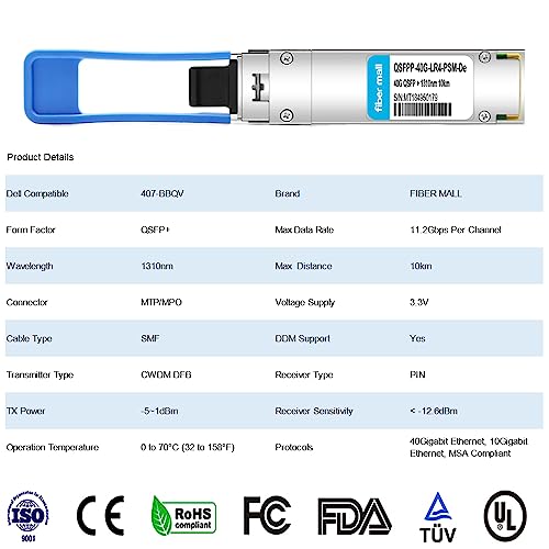 Image of 40G QSFP+ PLR4 PSM for Dell 407-BBQV 4 x 10GBASE-LR 40GBASE QSFP+ PLR4 1310nm 10km DOM MTP /MPO-12 SMF Optical Transceiver Module