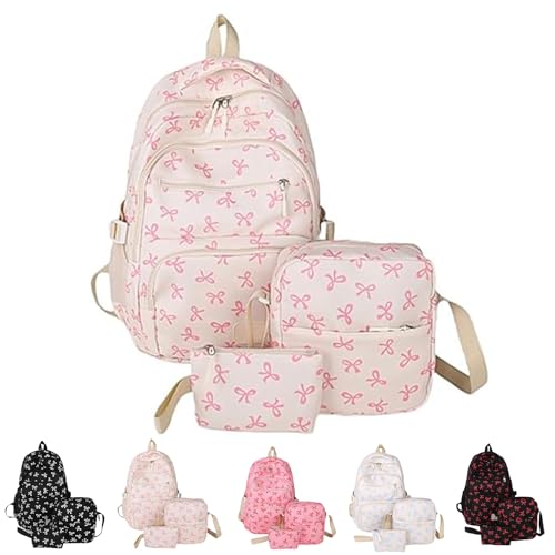 3 Pcs Set Coquette Bow Backpack, Cute Kawaii Backpacks Large Capacity, Aesthetic Nylon Backpack with Lunch Box (White pink)