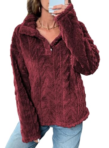 BLENCOT Women Fashion Button Down Collar Textured Shearling Long Sleeve Plain Cable Casual Fuzzy Fleece Ladies Sweatshirts Pullovers Shirts Tops Red 2XL