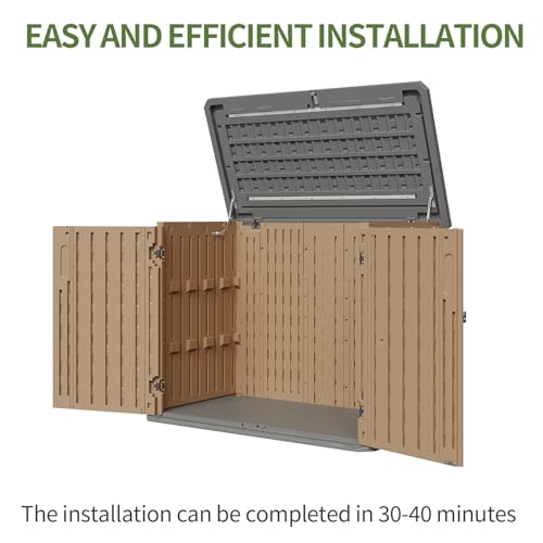 Image of Aoxun Outdoor Storage Cabinet 35 Cu.Ft Outdoor Trash Can Storage Shed Waterproof Horizontal Storage Shed Outdoor Storage for Garbage Bin, Generator, and Lawn Mower,Brown