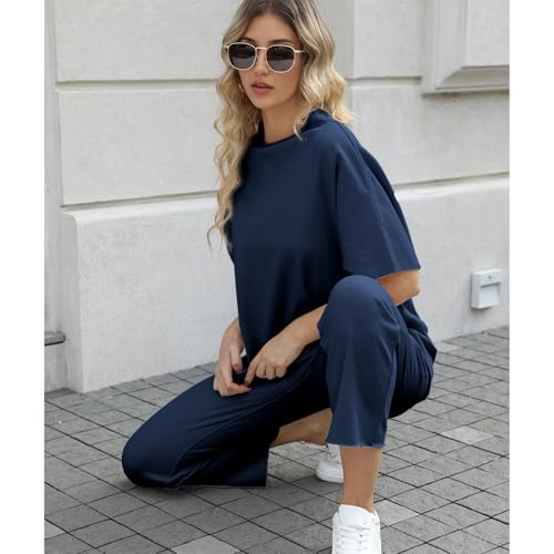 Image of SeeLuNa Women's Two Piece Outfits 3 /4 Batwing Sleeve Capelet Crew Neck Pullover Top Wide Leg Pants Lounge Set