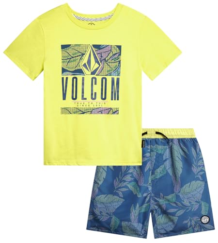Image of Volcom Baby Boys Swim Set - 2 Piece Short Sleeve Swim Shirt Graphic Tees & Board Shorts - Infant Toddler Little Boys Swimsuit