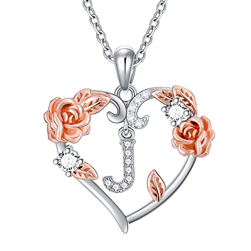 AOBOCO Rose Heart Necklaces Valentines Gifts for Women, 925 Sterling Silver Rose Love Heart Initial Letter Pendant Necklace Jewelry Mothers Day Christmas Birthday Gifts for Her Mom Wife Girlfriend