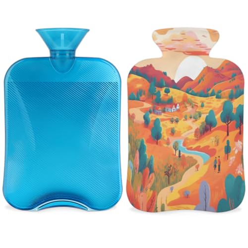 Hot Water Bottle with Soft Cover,2L Fantastic Village Hot Water Bag for Hot and Cold Compress, Hand Feet Warmer, Watercolor Village Rubber Hot or Cold Water Bottle Halloween Christmas Decorations