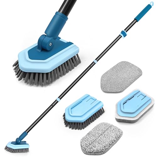 JEHONN Schrubber mit Stiel, Reinigungsbürste Bad mit Teleskopstange 130 cm, 4 Verschiedene Schwamm Bürste für Terrasse, Fliesen, Badewanne (Blau)