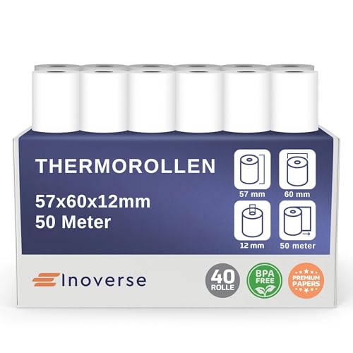 Inoverse 40 rollos de papel térmico EC Cash 57 mm x 60 mm x 12 mm 50 m – Rollos de papel térmico sin BPA compatible con impresora de recibos, sistema de caja registradora, dispositivo EC