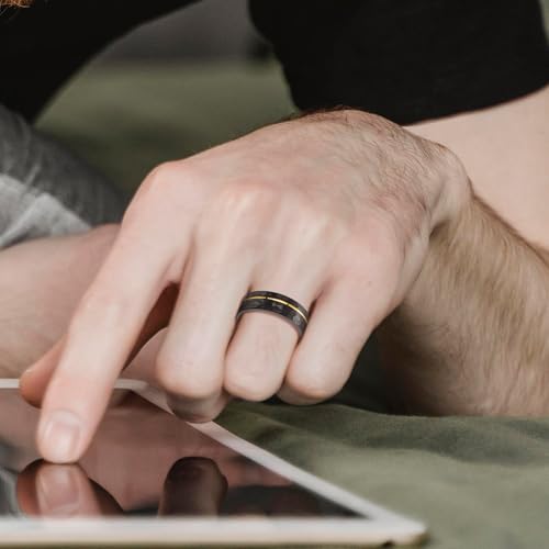 Vakki 8mm Tungsten Rings for Men, Hammered Black Mens Wedding Bands Matte Finish 18K Gold Side Grooved, Promise Engagement Wedding Ring Matte Brushed Comfort Fit Fashion Jewelry, Size 7-123