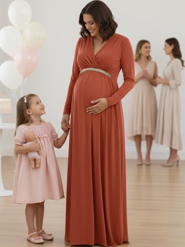 Image of KOH KOH Womens Maternity Long Sleeve V-Neck Flowy Winter Maxi Dress Gown