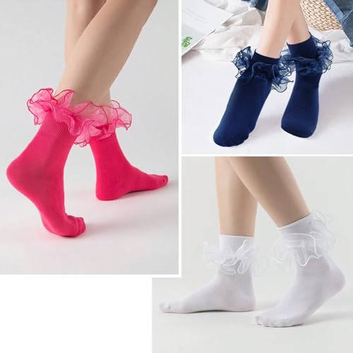 Image of Women Big Ruffle Ankle Socks Adult Double Lace Frilly Turn Cuff Dress Socks Cotton Cute Fancy Bobby Crew Socks