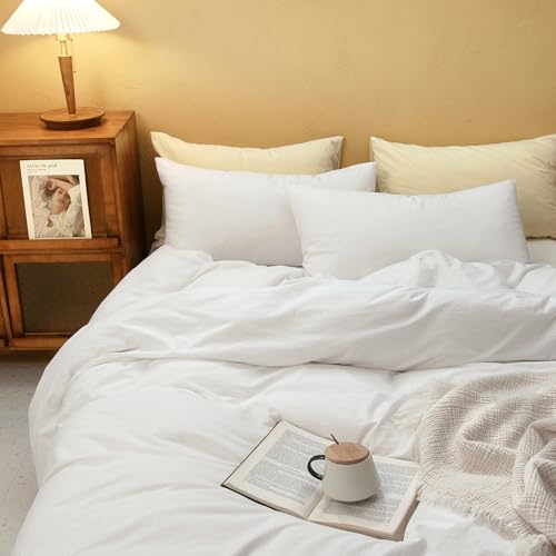 FOSSA White Duvet Cover Set, 100% Washed Cotton Linen Feel Super Soft Breathable Cozy 3 Pieces Bedding Sets Solid Off White Queen